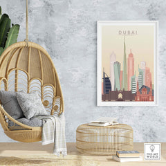 Dubai city skyline wall art print in warm pastel tones displayed in a stylish interior setting.