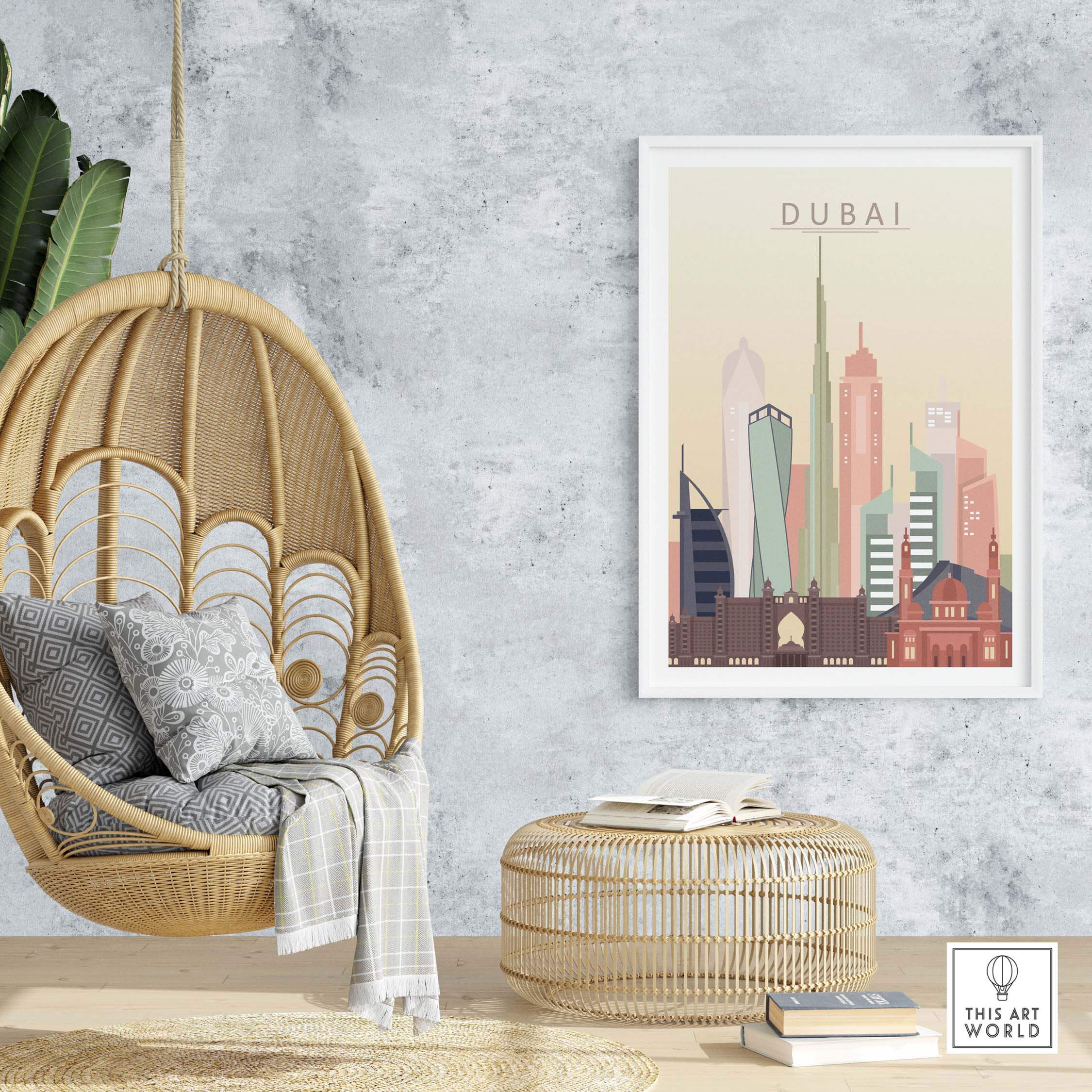 Dubai city skyline wall art print in warm pastel tones displayed in a stylish interior setting.