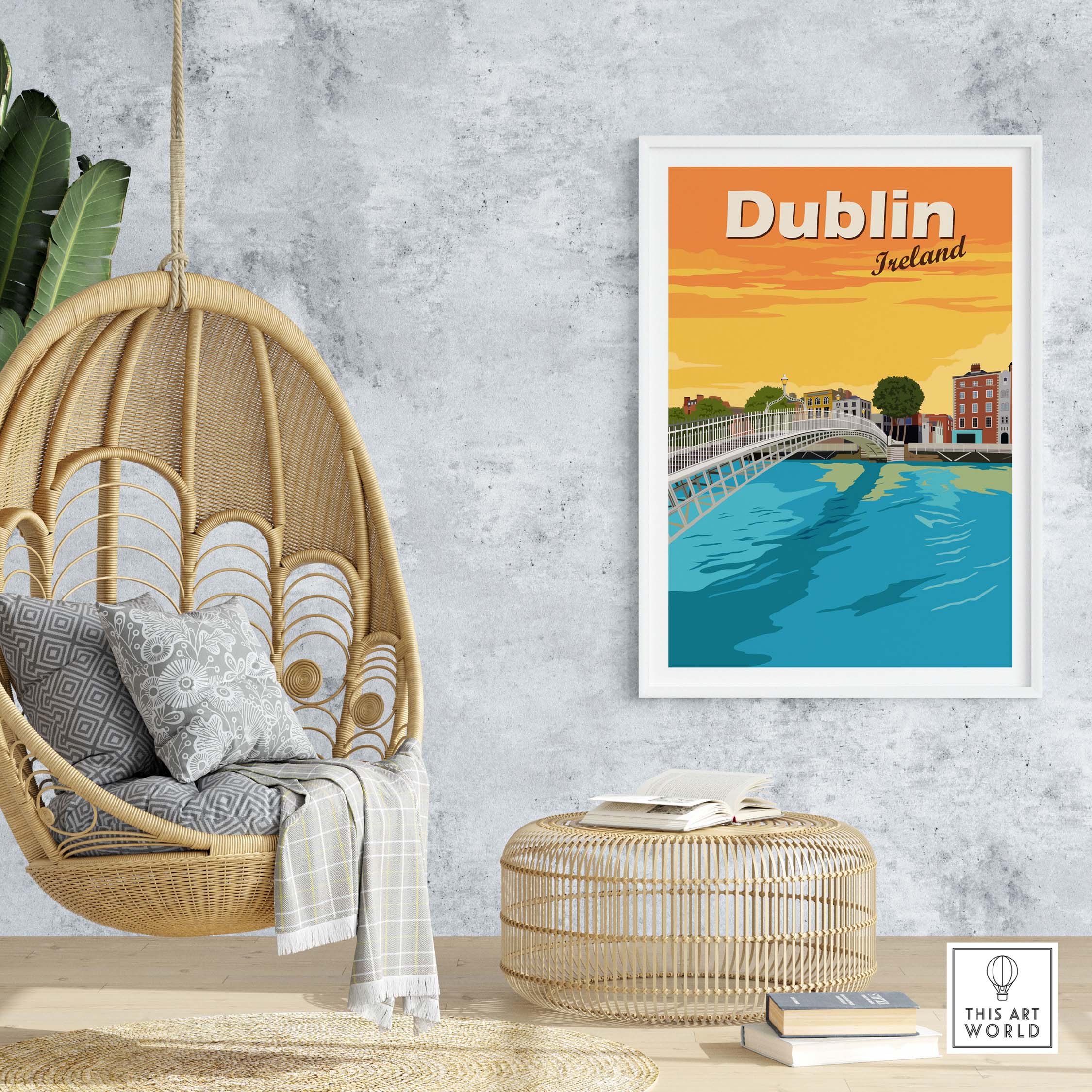Dublin vintage print poster wall art in a stylish interior setting with hanging chair and decor.