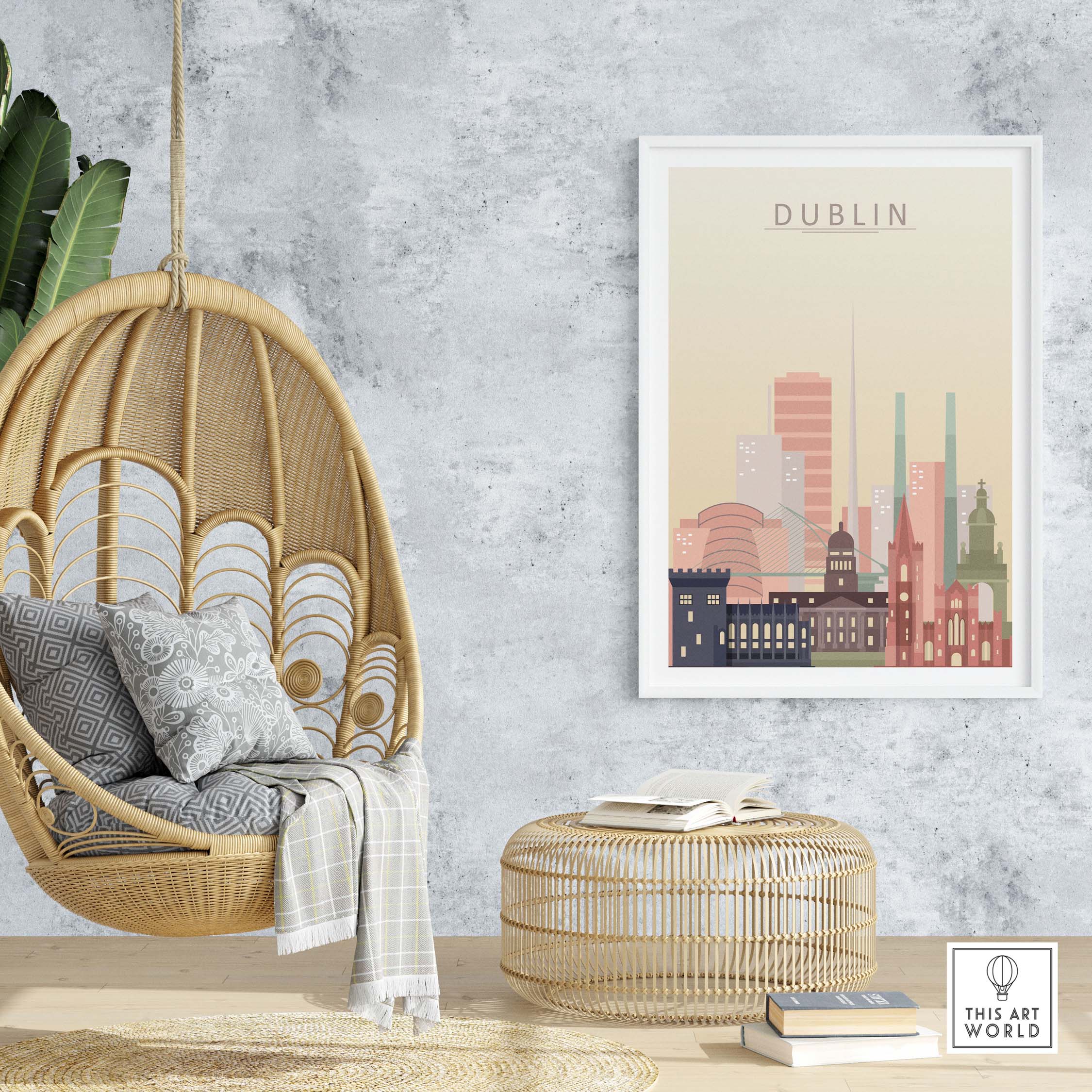 Dublin skyline wall art in warm pastel tones displayed in a cozy interior with a hanging chair and rattan furniture.