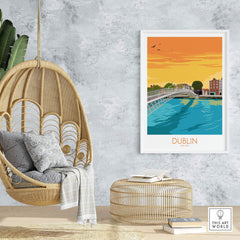 Dublin Print poster featuring Ha'penny Bridge in vibrant sunset hues, perfect for wall art decor.