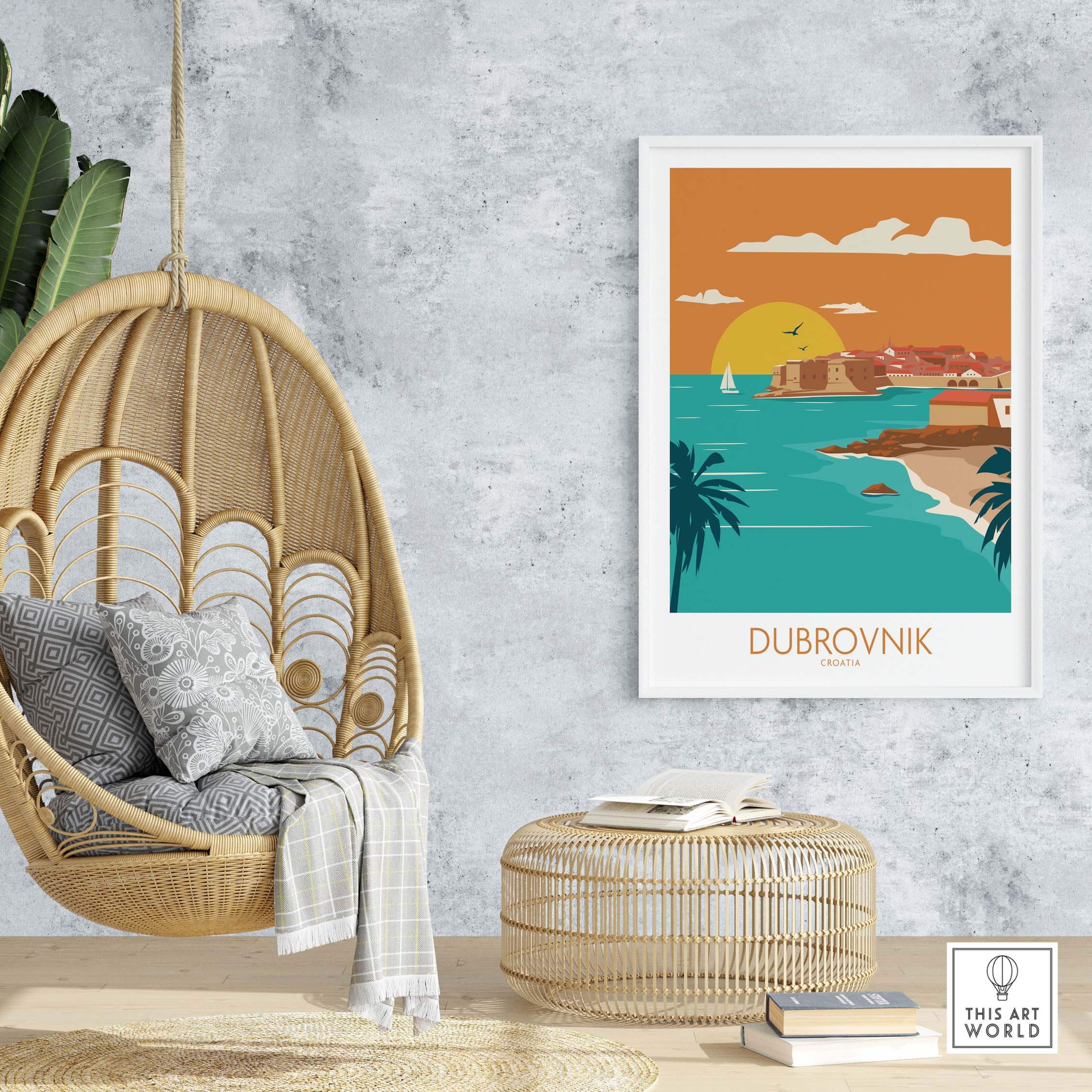 Dubrovnik Poster Art Print displayed in a modern interior with hanging chair and natural decor elements.