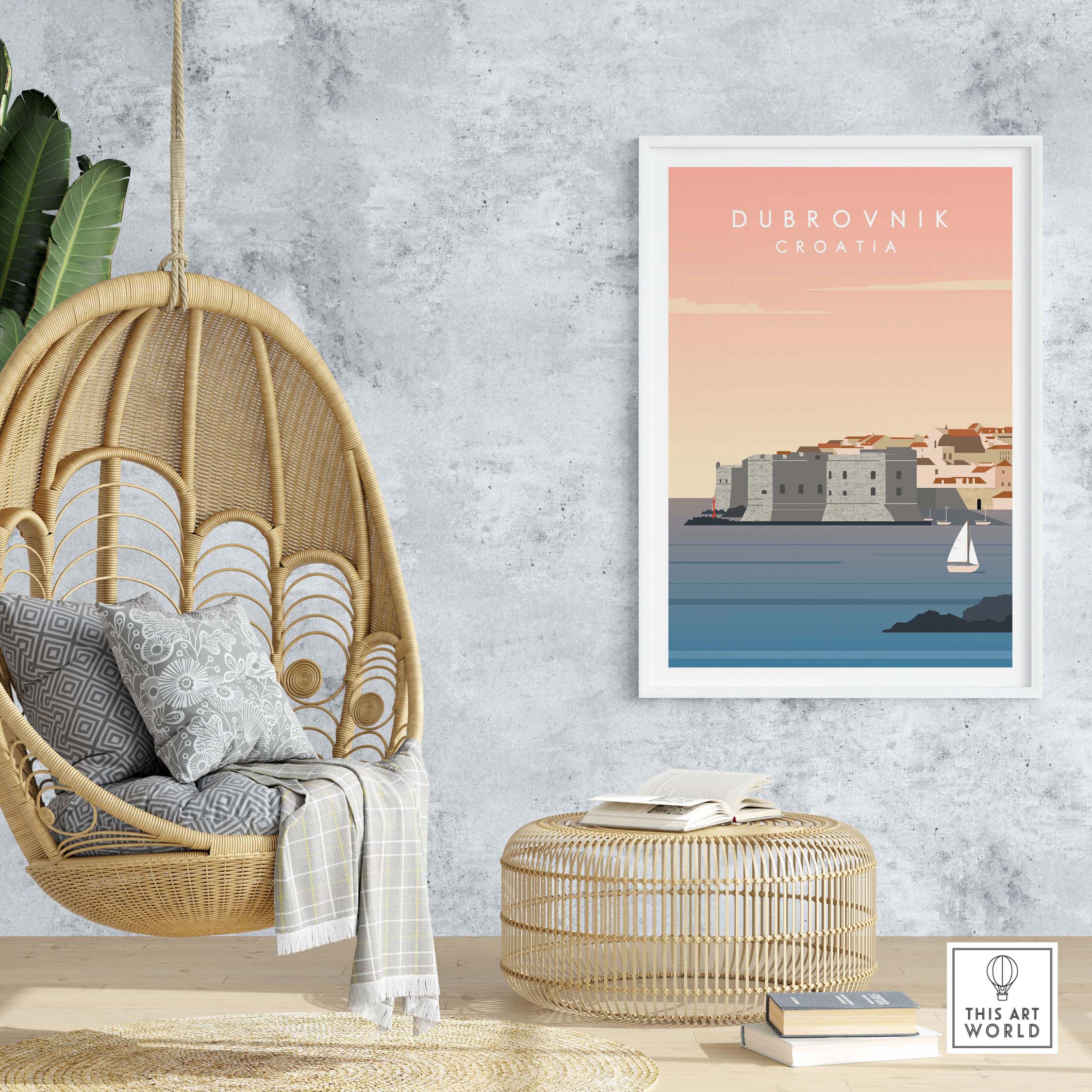 Dubrovnik Print Wall Art Poster in modern decor with hanging chair and stylish furnishings, showcasing Croatian coastal scenery.