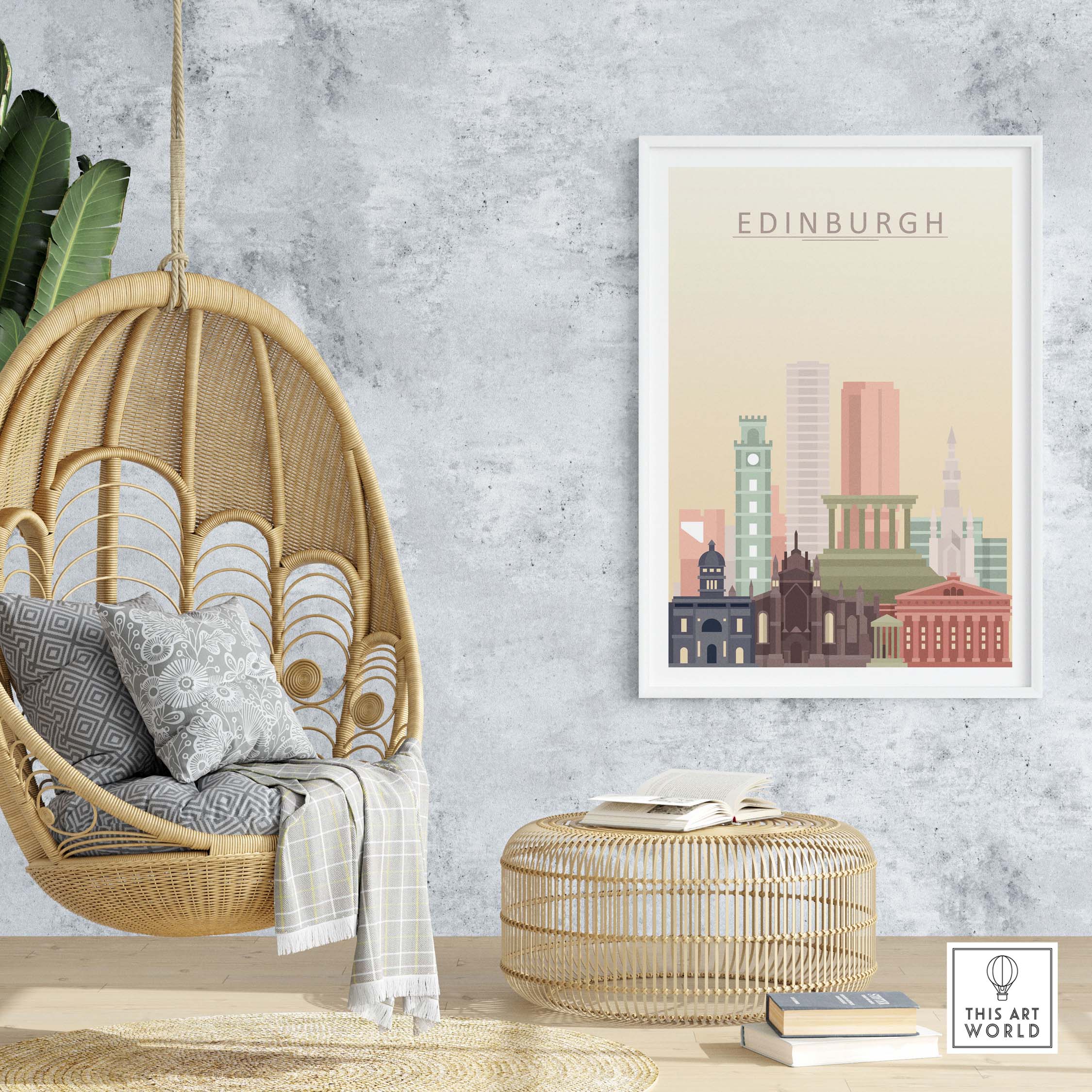 Edinburgh skyline print in pastel colors displayed in a cozy living space with hanging chair and decorative elements.