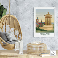 Stylish Edinburgh Wall Art Print featuring iconic landmarks in a modern interior setting.