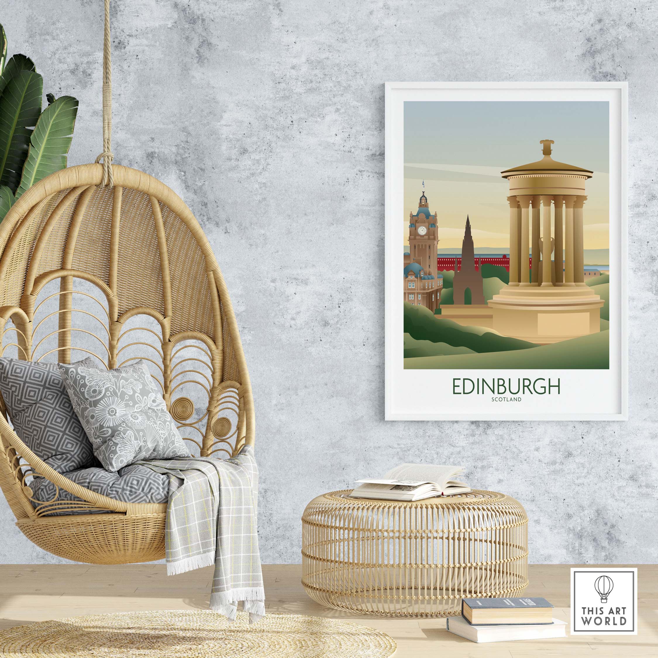 Stylish Edinburgh Wall Art Print featuring iconic landmarks in a modern interior setting.