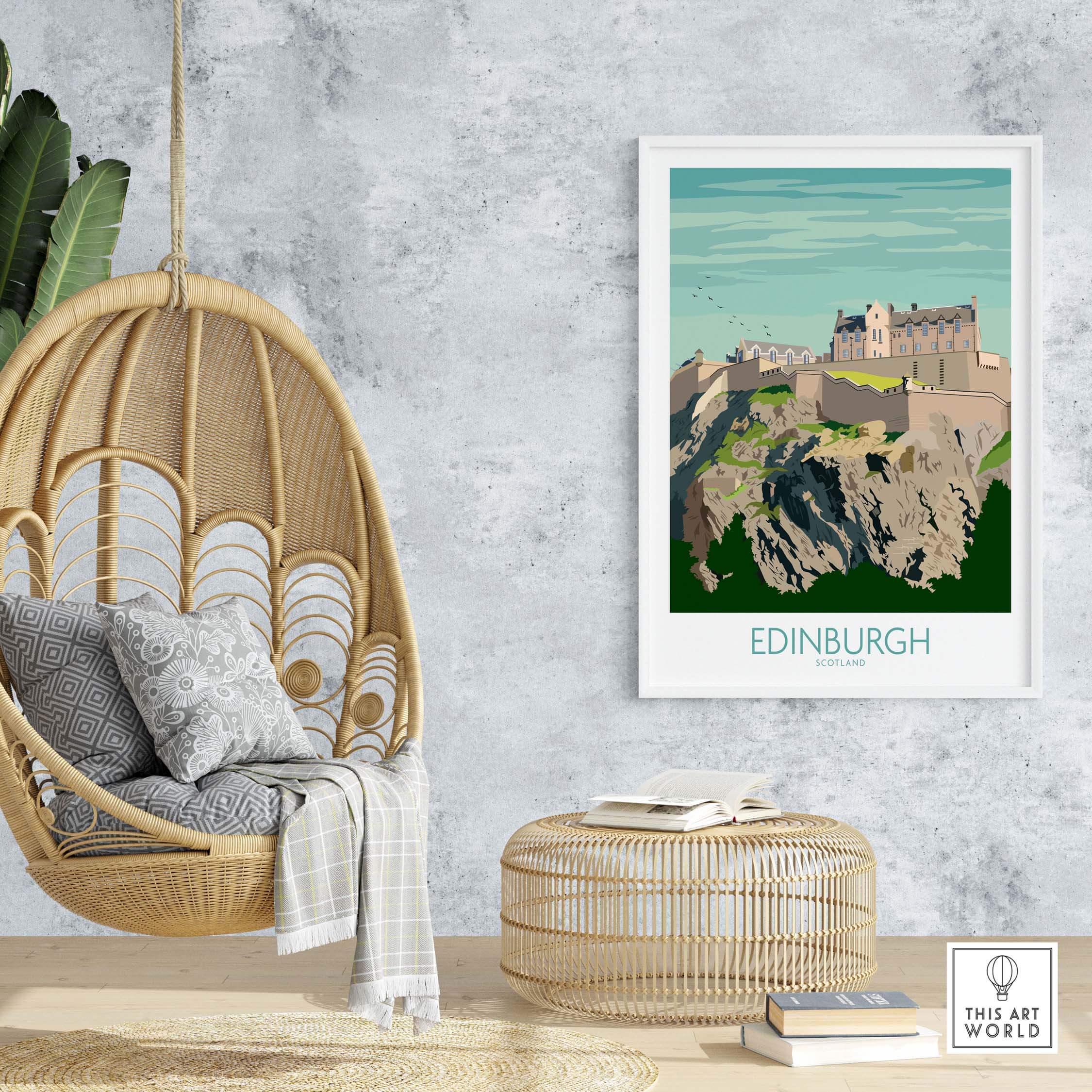 Edinburgh travel poster showcasing a castle, featuring vintage art style for stylish home décor.