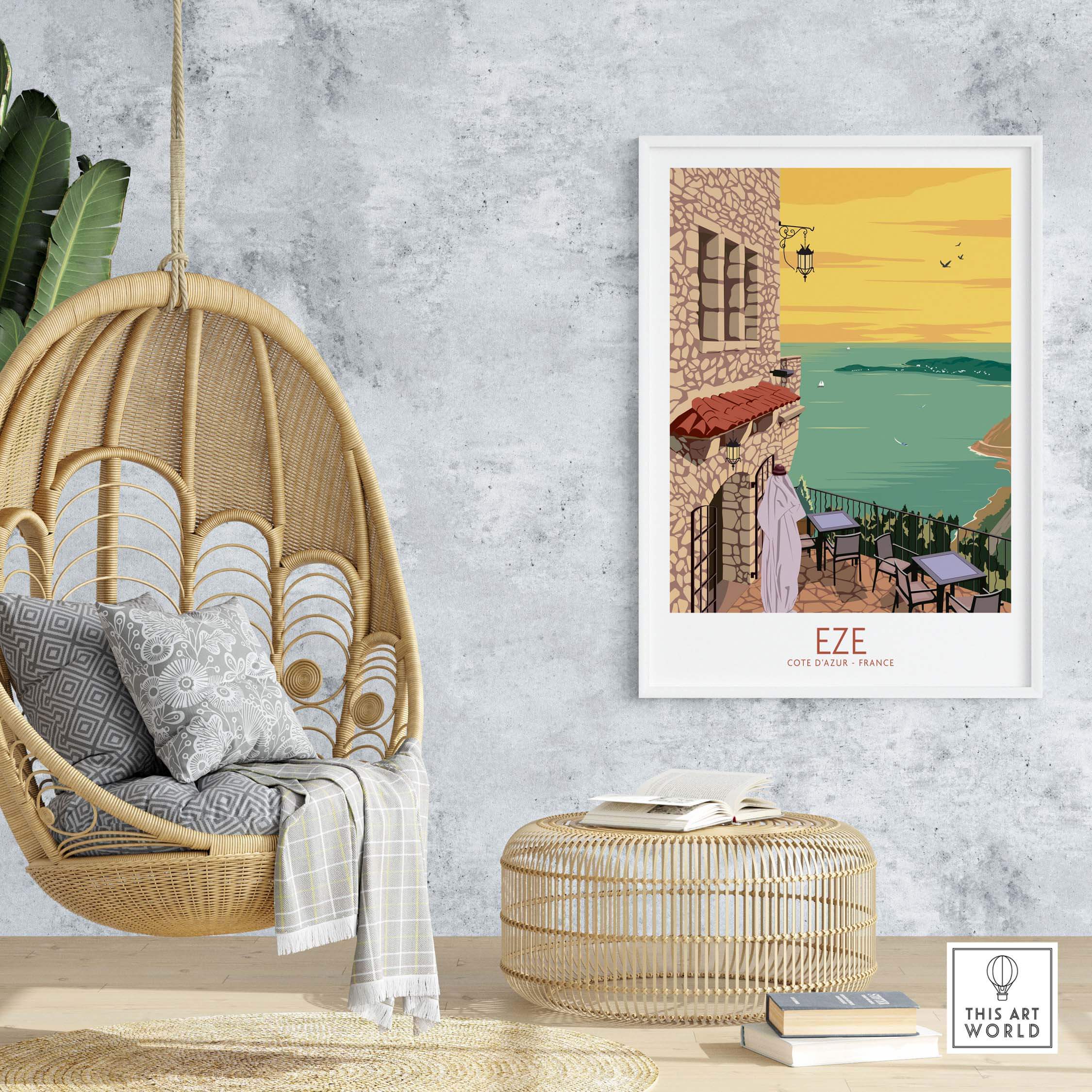 Eze Print France Travel Poster displayed in a cozy interior featuring a hanging chair and stylish decor.