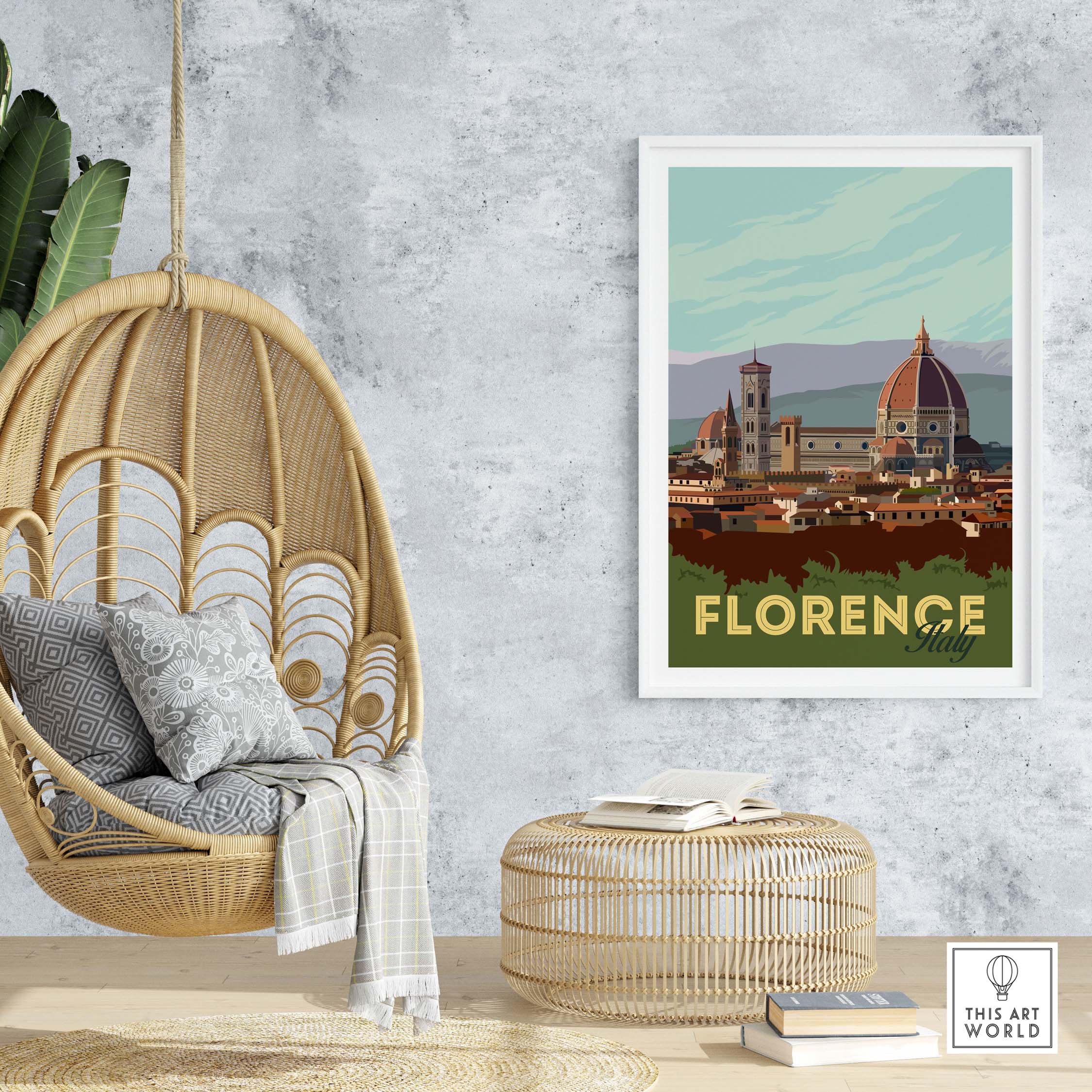 Vintage Florence Poster wall art displayed in a stylish living space with a rattan chair and cozy decor.