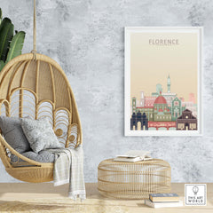 Florence skyline print framed in a cozy living space with a hanging chair and rattan decor.