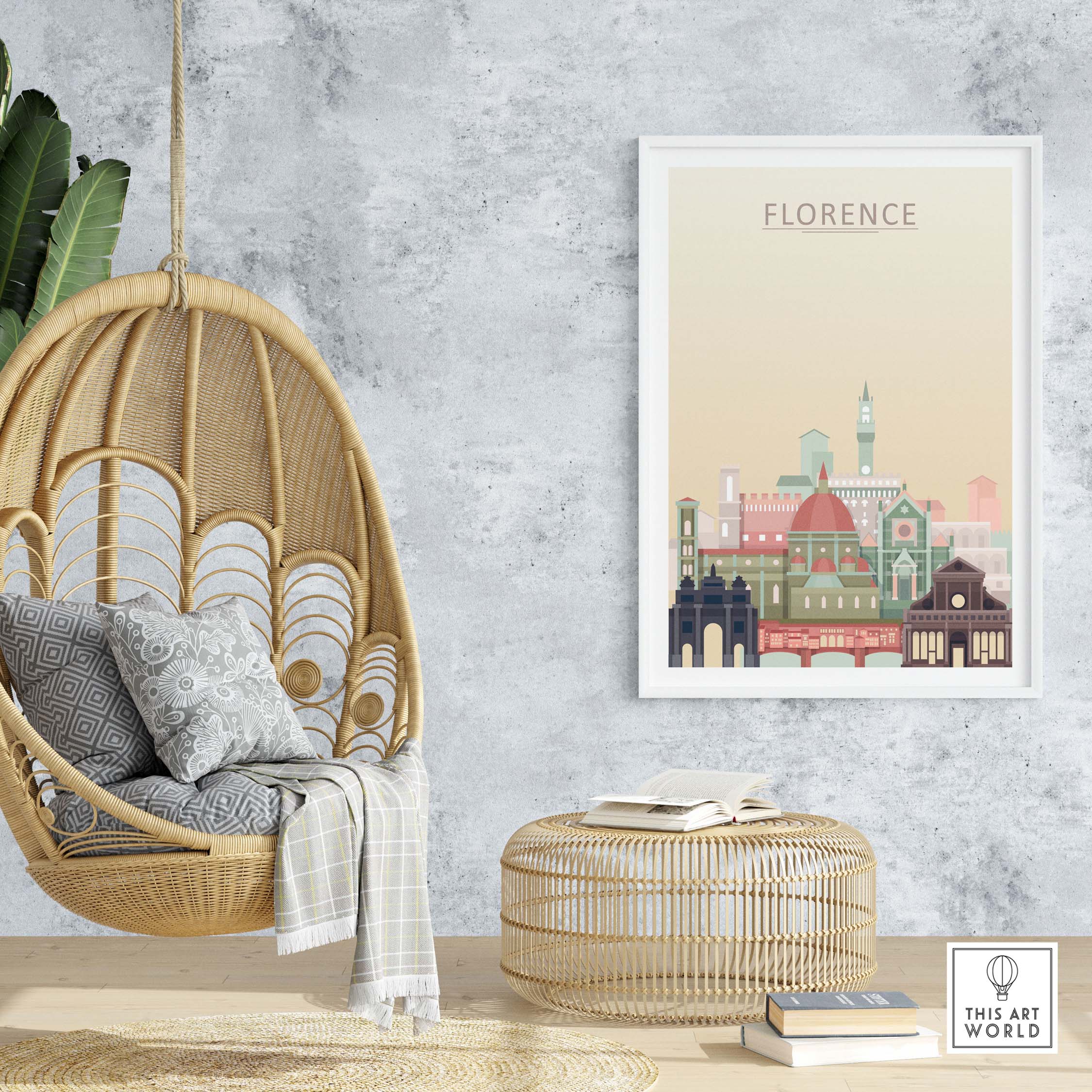 Florence skyline print framed in a cozy living space with a hanging chair and rattan decor.