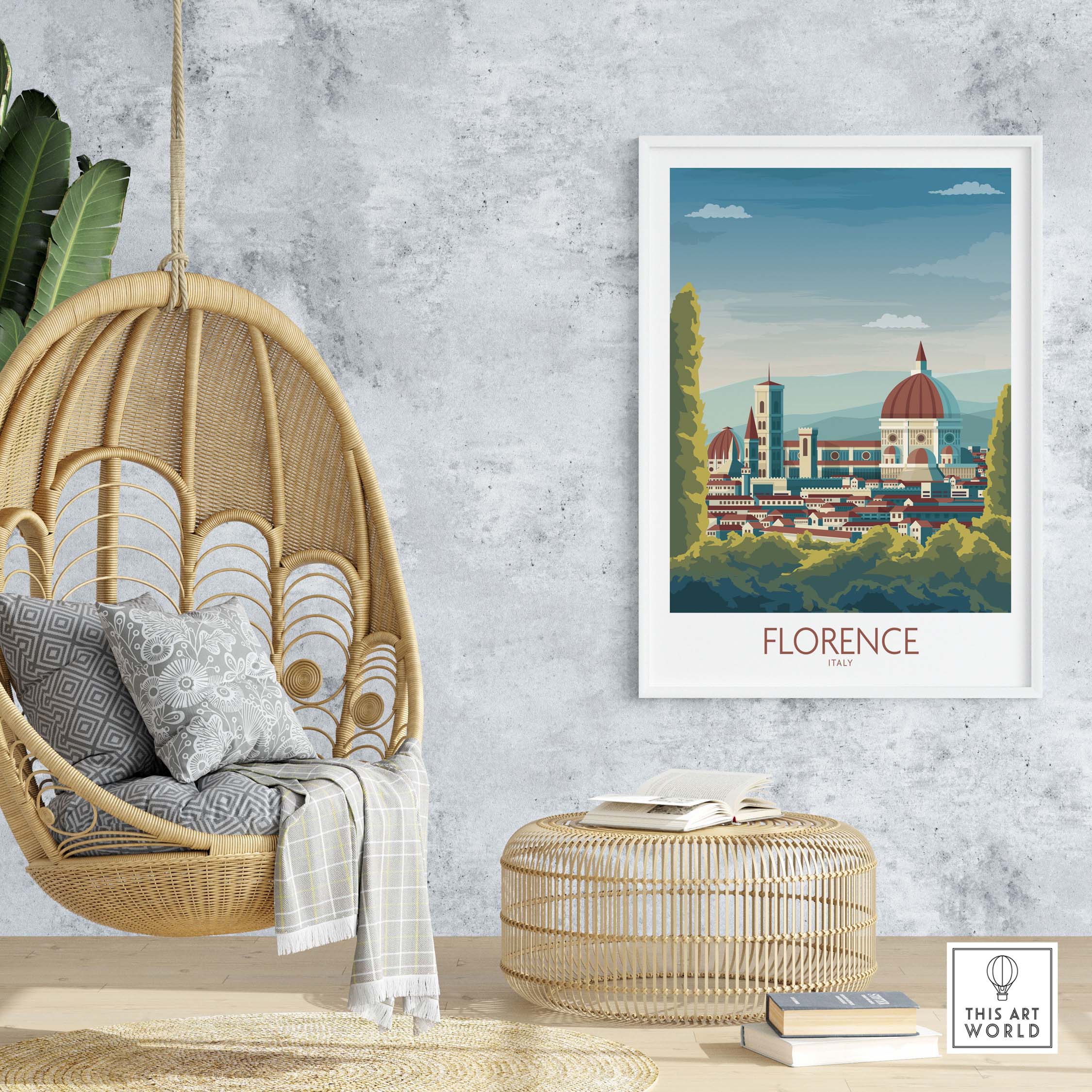 Florence Poster Italy Art Print displayed in a cozy home setting with a hanging chair and natural decor.