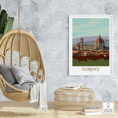 Florence Print Italy Travel Poster displayed in a modern home setting, showcasing Tuscany-inspired artwork and decor.