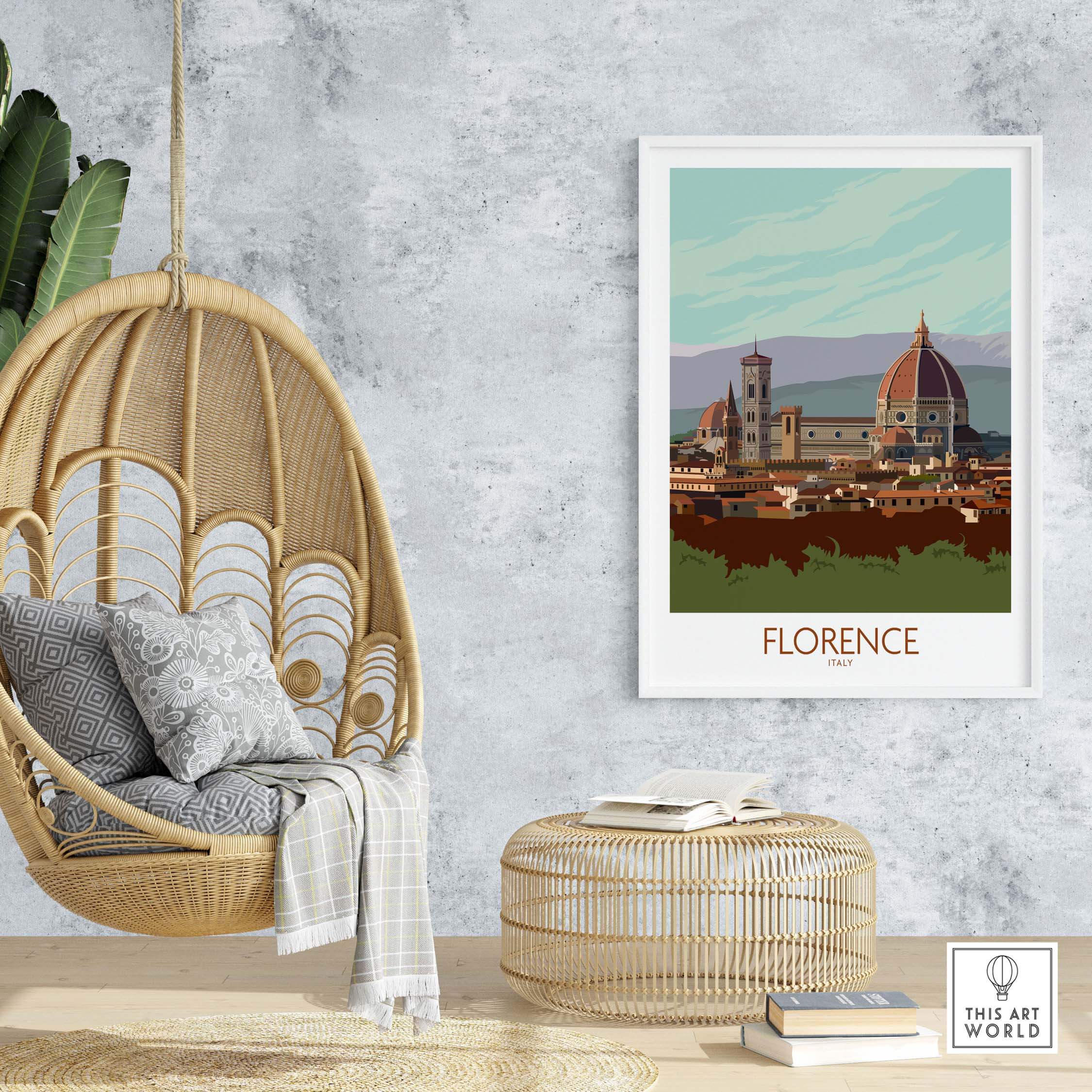 Florence Print Italy Travel Poster displayed in a modern home setting, showcasing Tuscany-inspired artwork and decor.