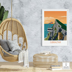 Gibraltar Travel Poster Art Print displayed in a stylish living space with a hanging chair and natural decor.