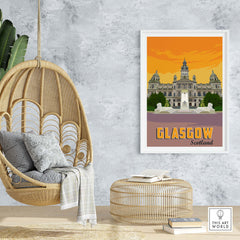 Glasgow Poster Print Scotland in a stylish interior with a hanging chair and modern decor.