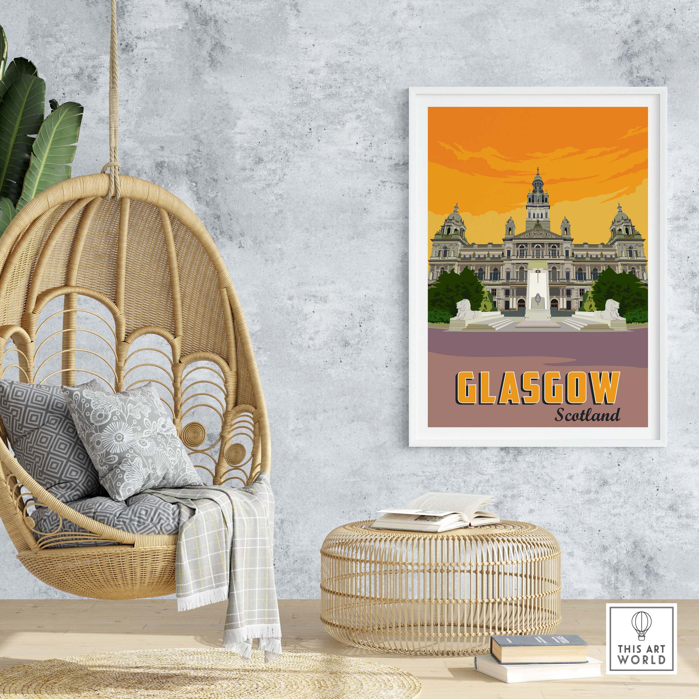 Glasgow Poster Print Scotland in a stylish interior with a hanging chair and modern decor.