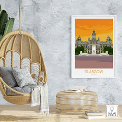 Glasgow Travel Poster Art Print displayed in a stylish living room setting with modern decor accents.
