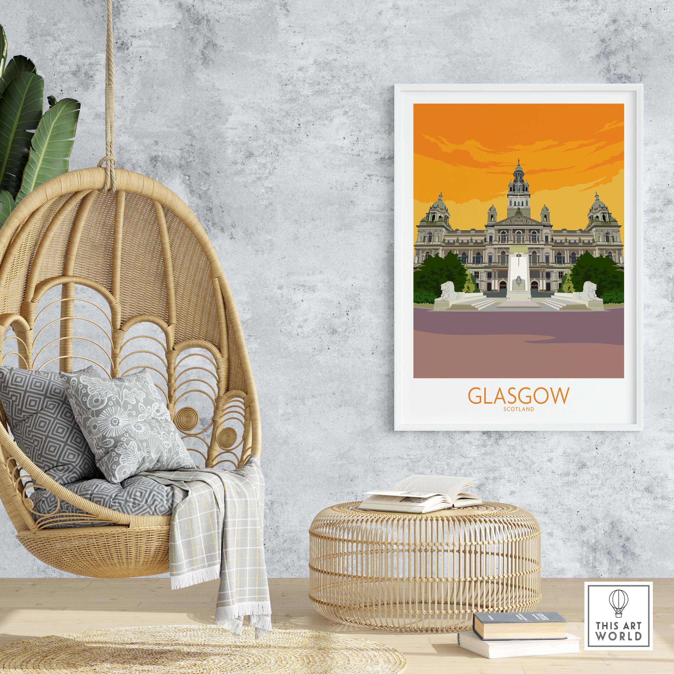 Glasgow Travel Poster Art Print displayed in a stylish living room setting with modern decor accents.