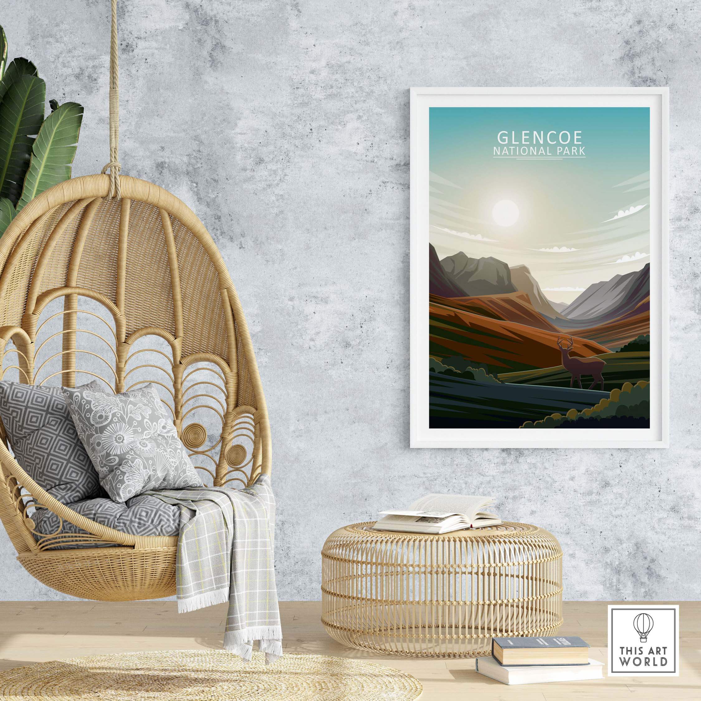 Glencoe National Park poster displayed in a chic indoor setting with a hanging chair and stylish decor.