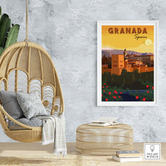 Granada wall art print featuring Spanish architecture and mountains, ideal for home decor in a minimalist style.
