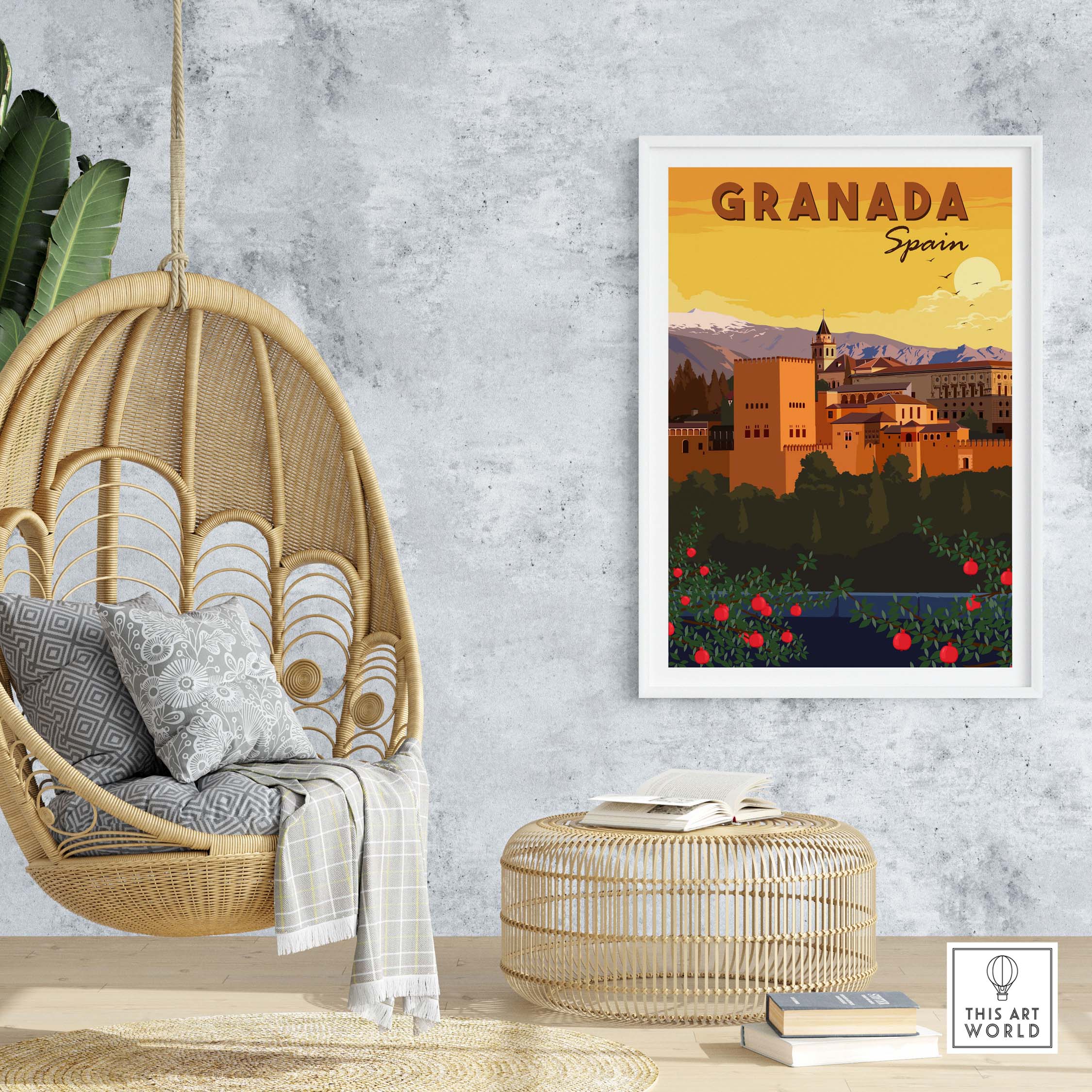 Granada wall art print featuring Spanish architecture and mountains, ideal for home decor in a minimalist style.