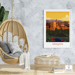 Granada Poster Print displayed in a stylish home setting with a hanging chair and rattan furniture.