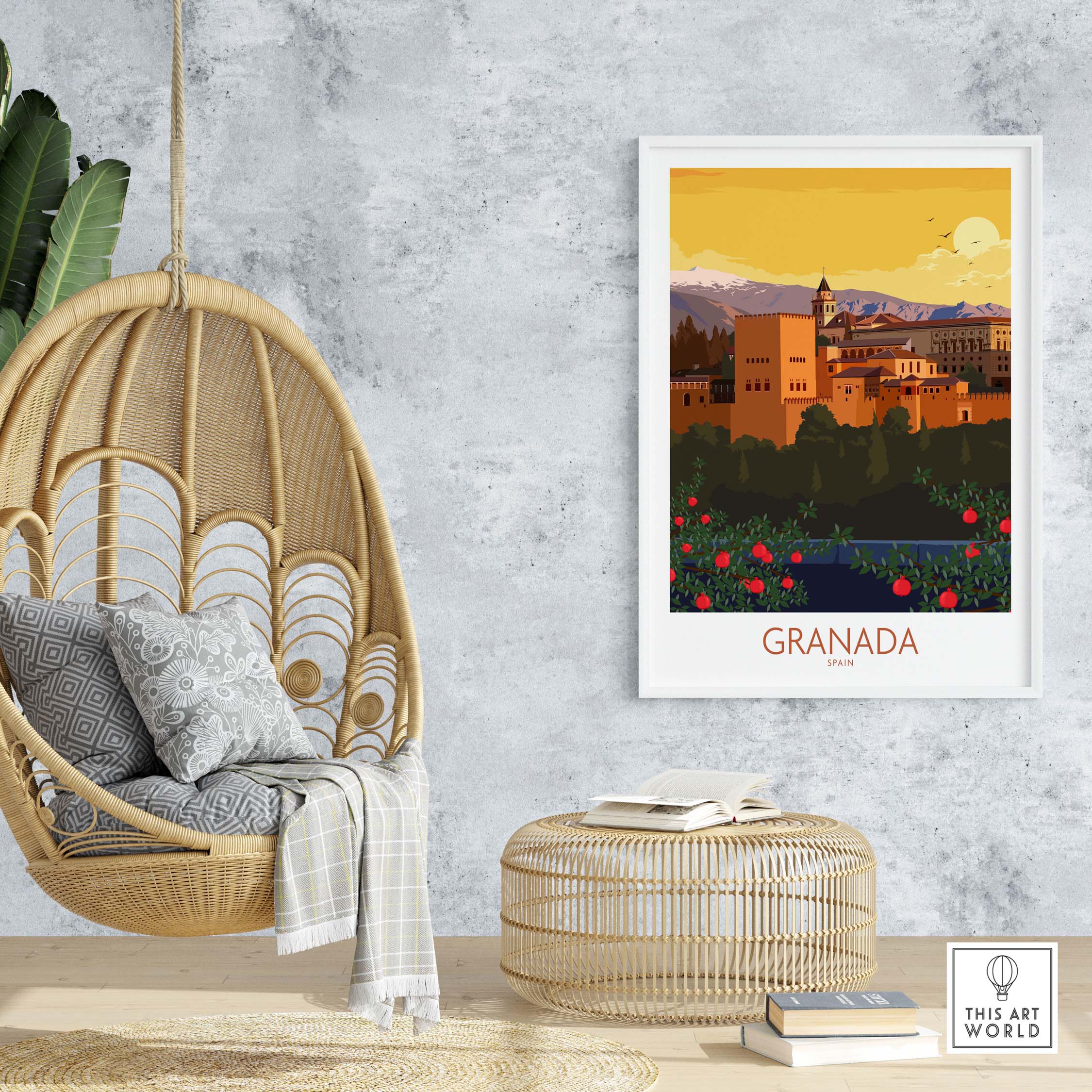 Granada Poster Print displayed in a stylish home setting with a hanging chair and rattan furniture.