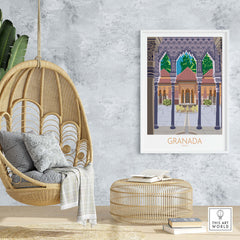 Granada Spain poster print displayed in a stylish interior with a hanging chair and decorative accents.