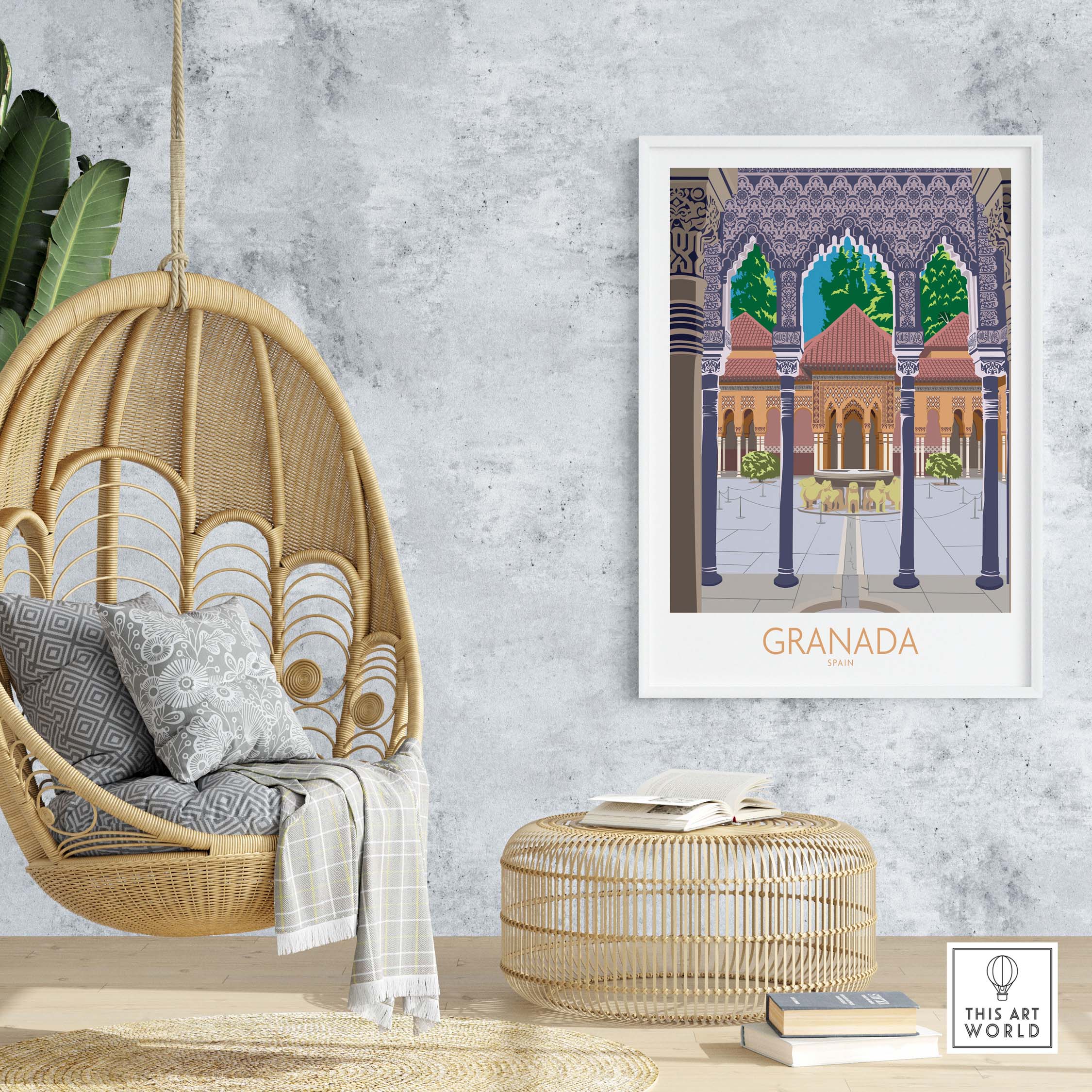 Granada Spain poster print displayed in a stylish interior with a hanging chair and decorative accents.