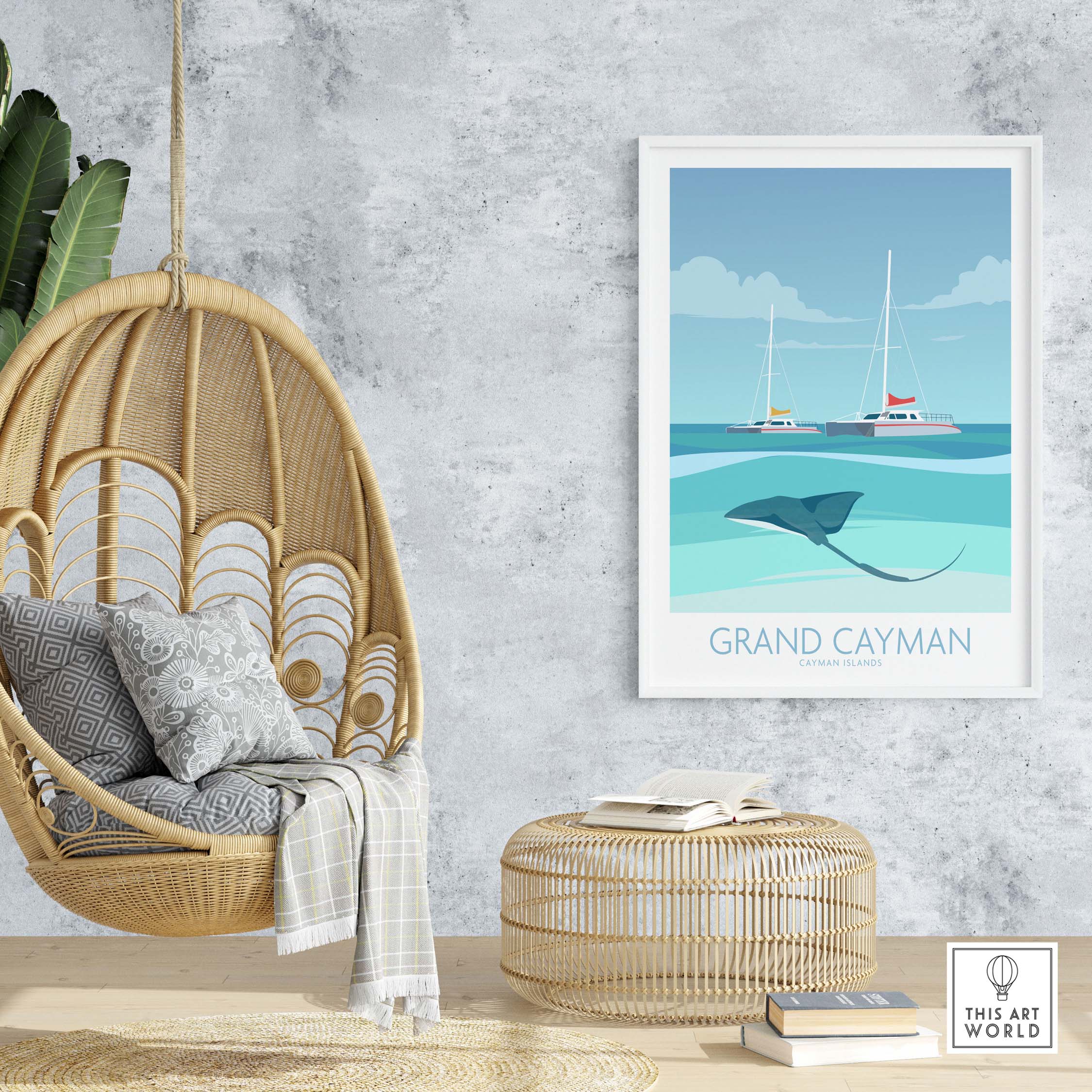 Grand Cayman Art Print Poster displayed in a stylish interior with a hanging chair and decorative elements.
