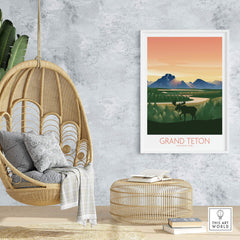 Grand Teton National Park art print displayed in a cozy space with a chic hanging chair and stylish decor.