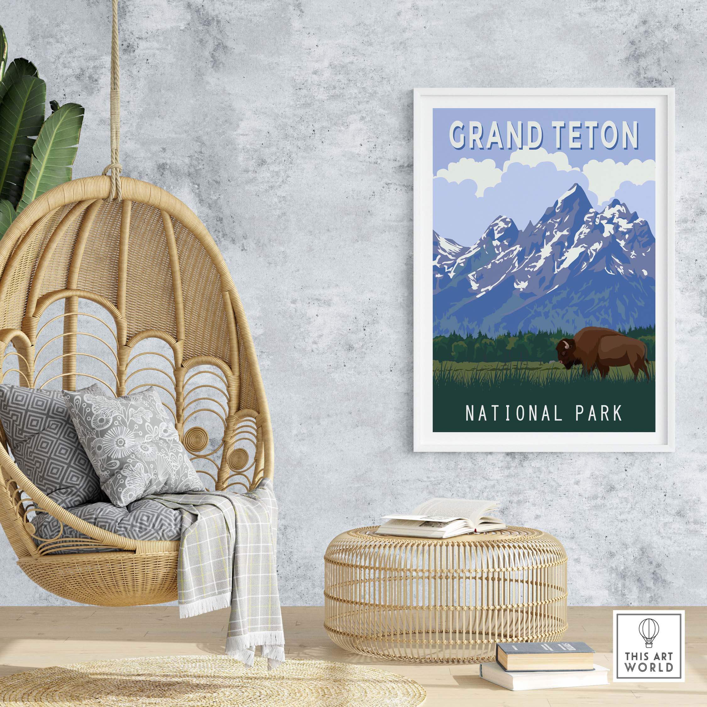 Grand Teton National Park art print featuring mountains and bison in a stylish home setting.