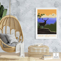 Great Smoky Mountains poster featuring a deer in a vintage style, adding nature-inspired decor to your space.