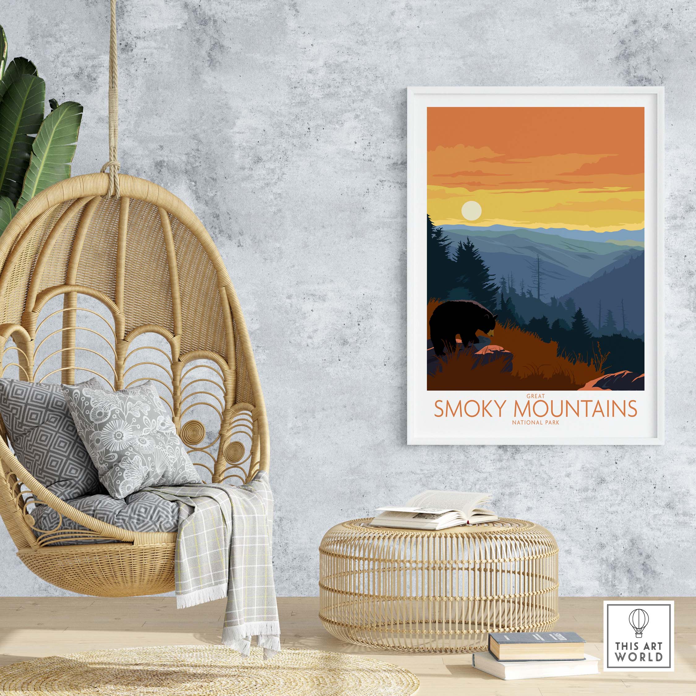 Smoky Mountains poster print in a stylish living room featuring a hanging chair and natural decor.