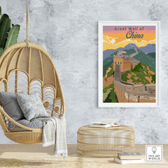 Great Wall of China poster print in stylish living room setting with hanging chair and natural decor.