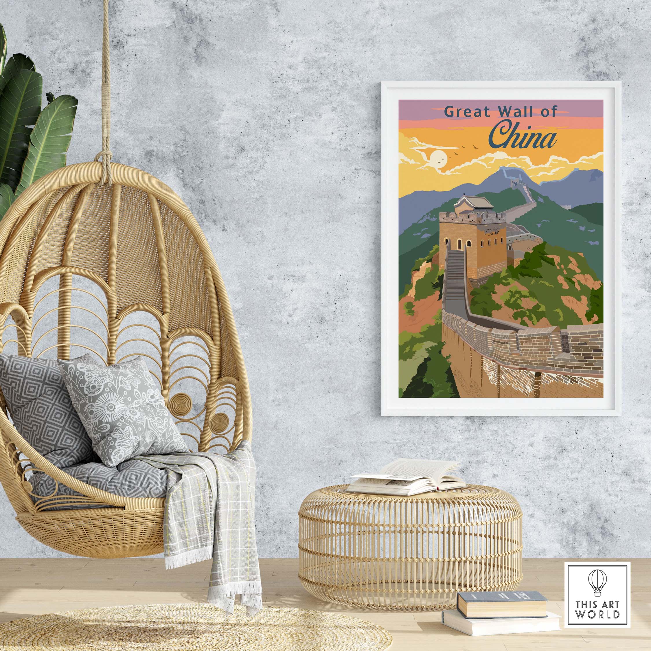 Great Wall of China poster print in stylish living room setting with hanging chair and natural decor.