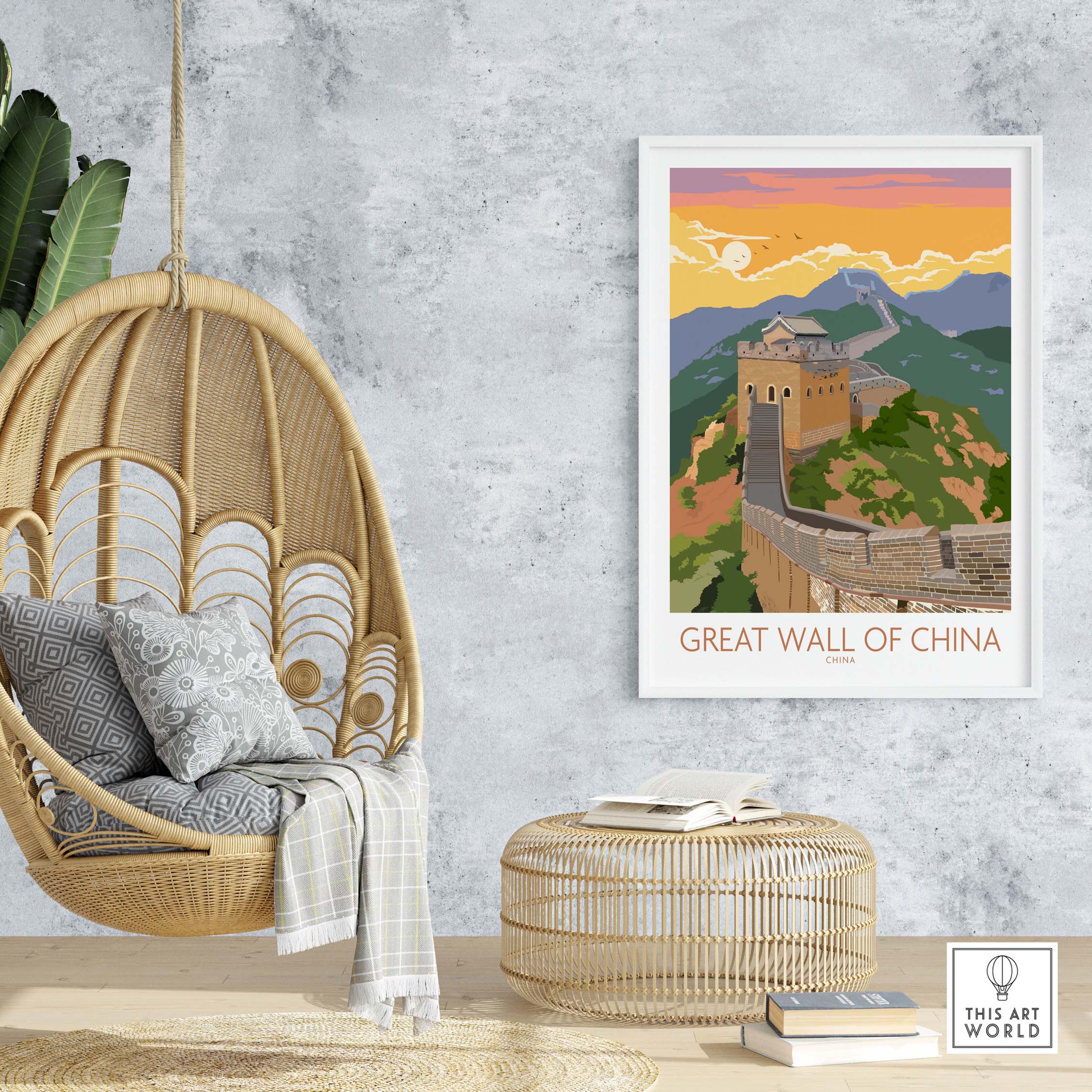 Great Wall of China print showcased in a stylish home decor setting, perfect for travel enthusiasts.