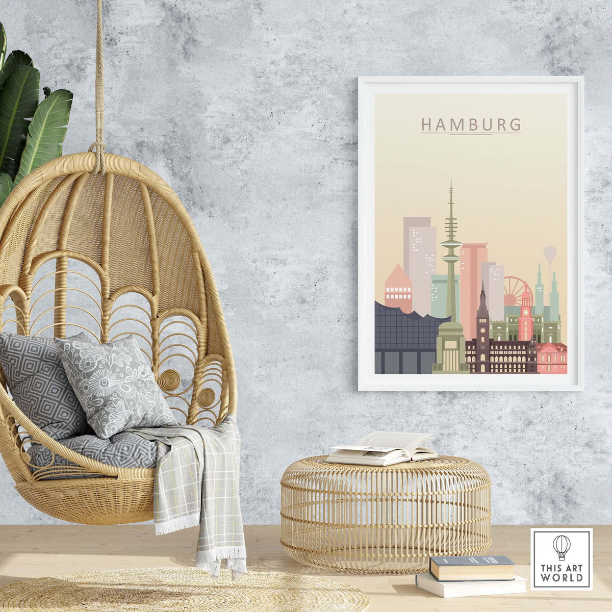 Stylish Hamburg City Skyline Print in pastel tones displayed in cozy living room with hanging chair and decor.