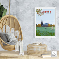 Vintage Hamburg poster featuring scenic waterfront and sailboats, perfect for stylish home decor.