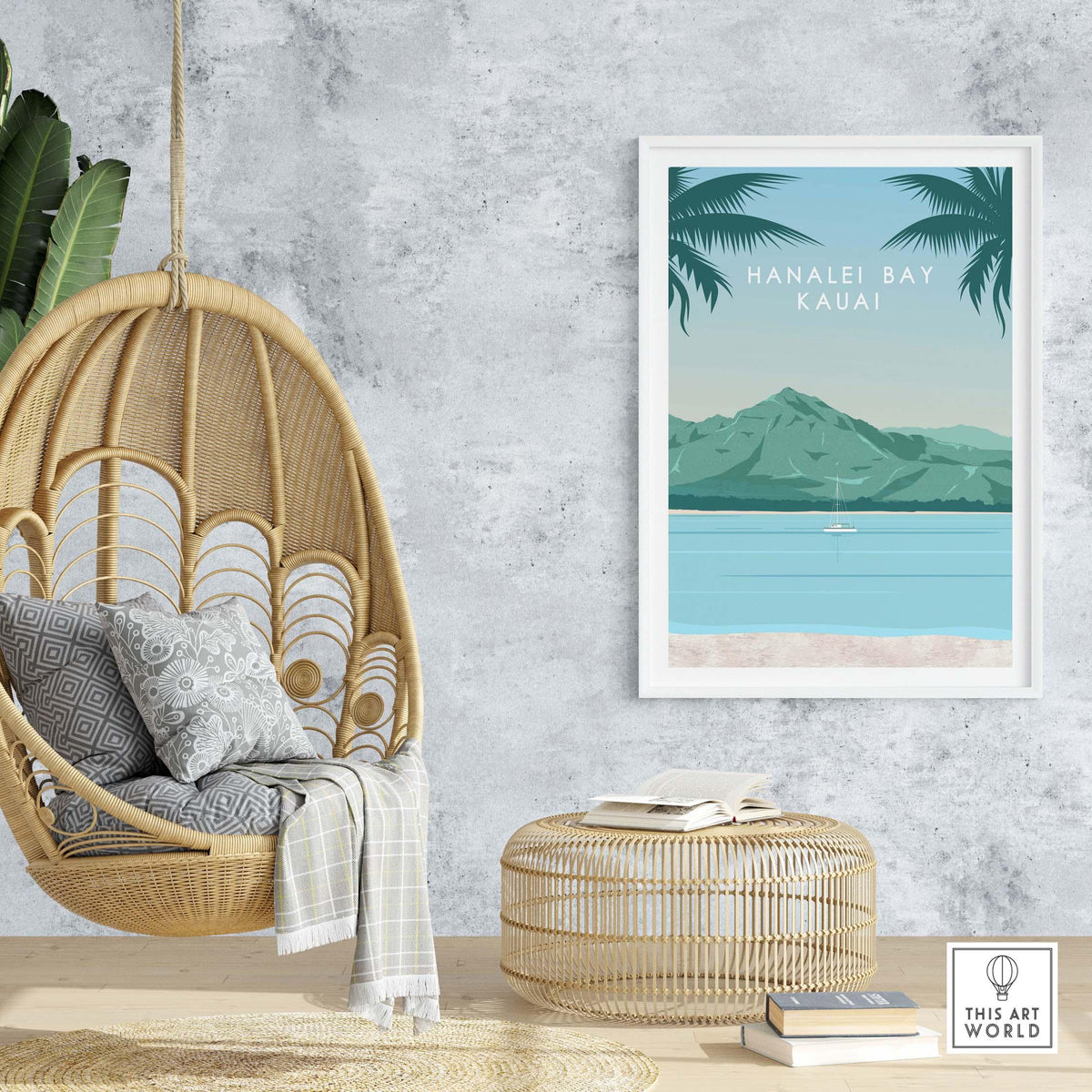 Kauai Print Wall Art Poster featuring Hanalei Bay with tropical palm trees in a stylish interior setting.