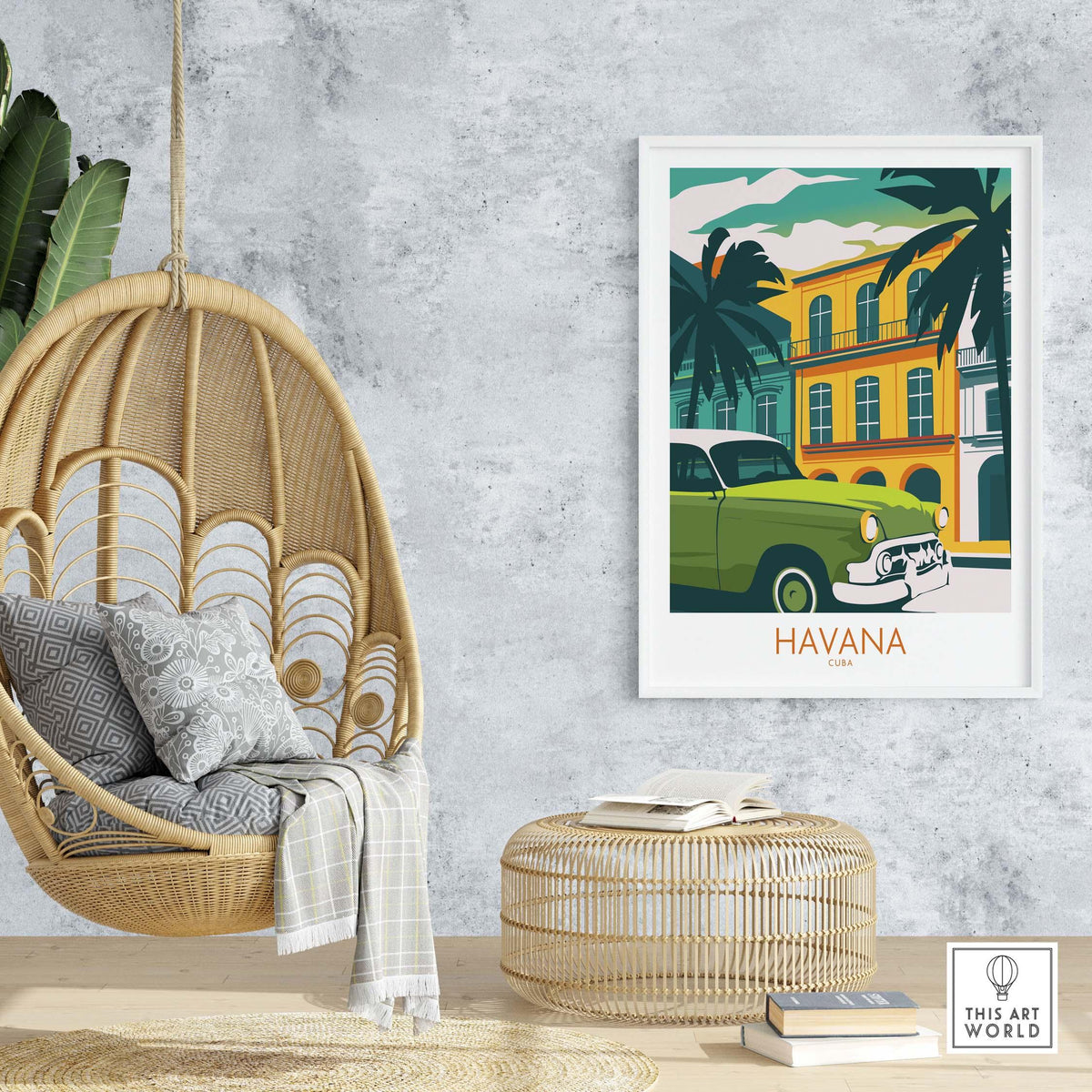 Havana Cuba vintage poster print featuring palm trees and classic car in stylish home decor setting.
