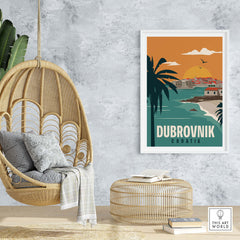 Dubrovnik Poster Wall Art Print featuring a coastal scene with palm trees and a sunset, ideal for travel lovers.