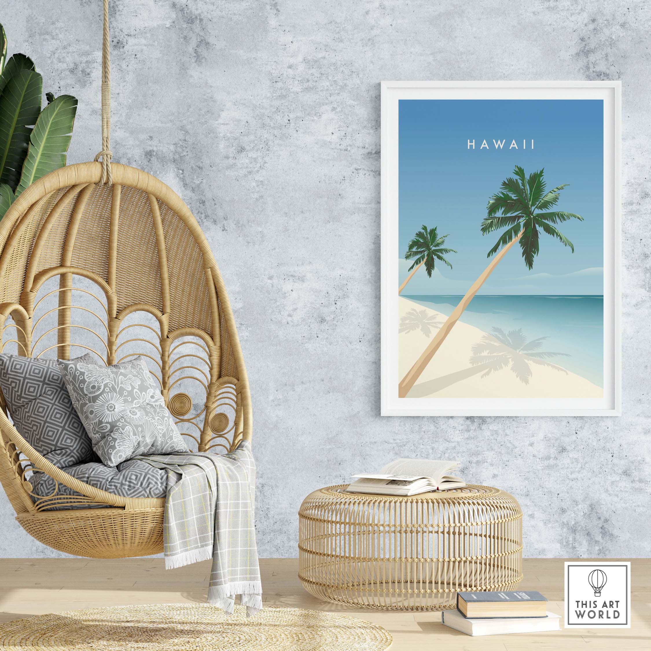 Hawaii wall art poster featuring palm trees and ocean view, ideal for home or office decor.