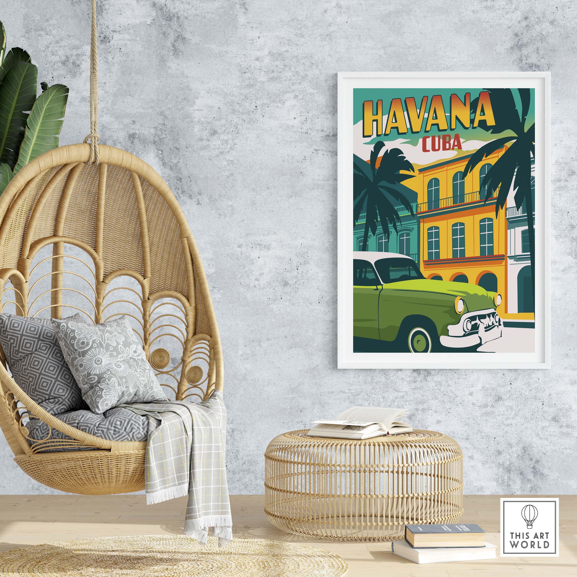 Havana Print Cuba Poster featuring vintage car and palm trees in stylish home setting