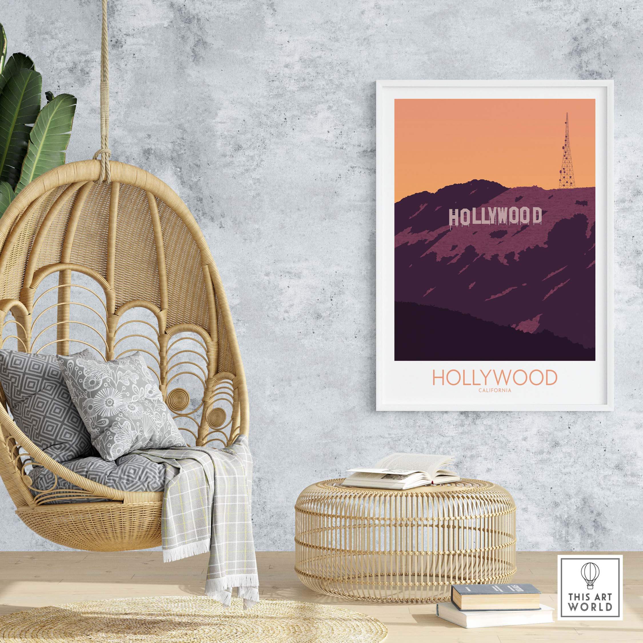 Hollywood Print California poster on a wall above a stylish chair and table, showcasing vintage travel art.