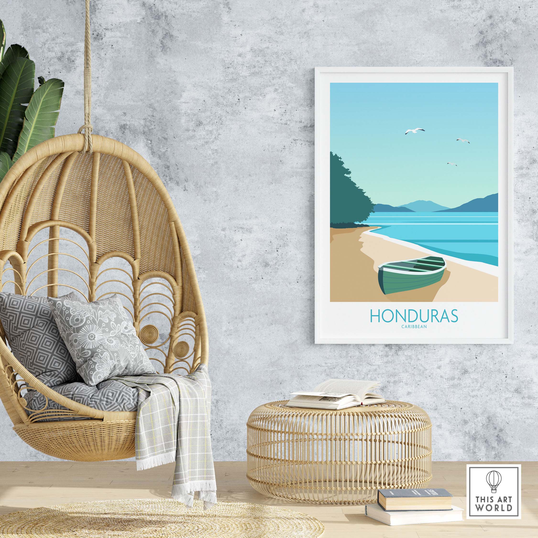 Honduras Poster Caribbean Print in a stylish home setting with hanging chair and decor.