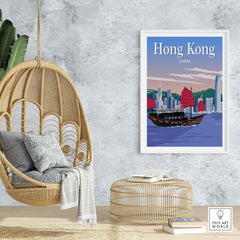 Hong Kong travel poster print featuring a traditional boat, minimalist design, and stylish decor for home or office.