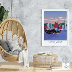 Hong Kong Print China poster displayed in a modern interior, featuring a boat and skyline in a minimalist style.