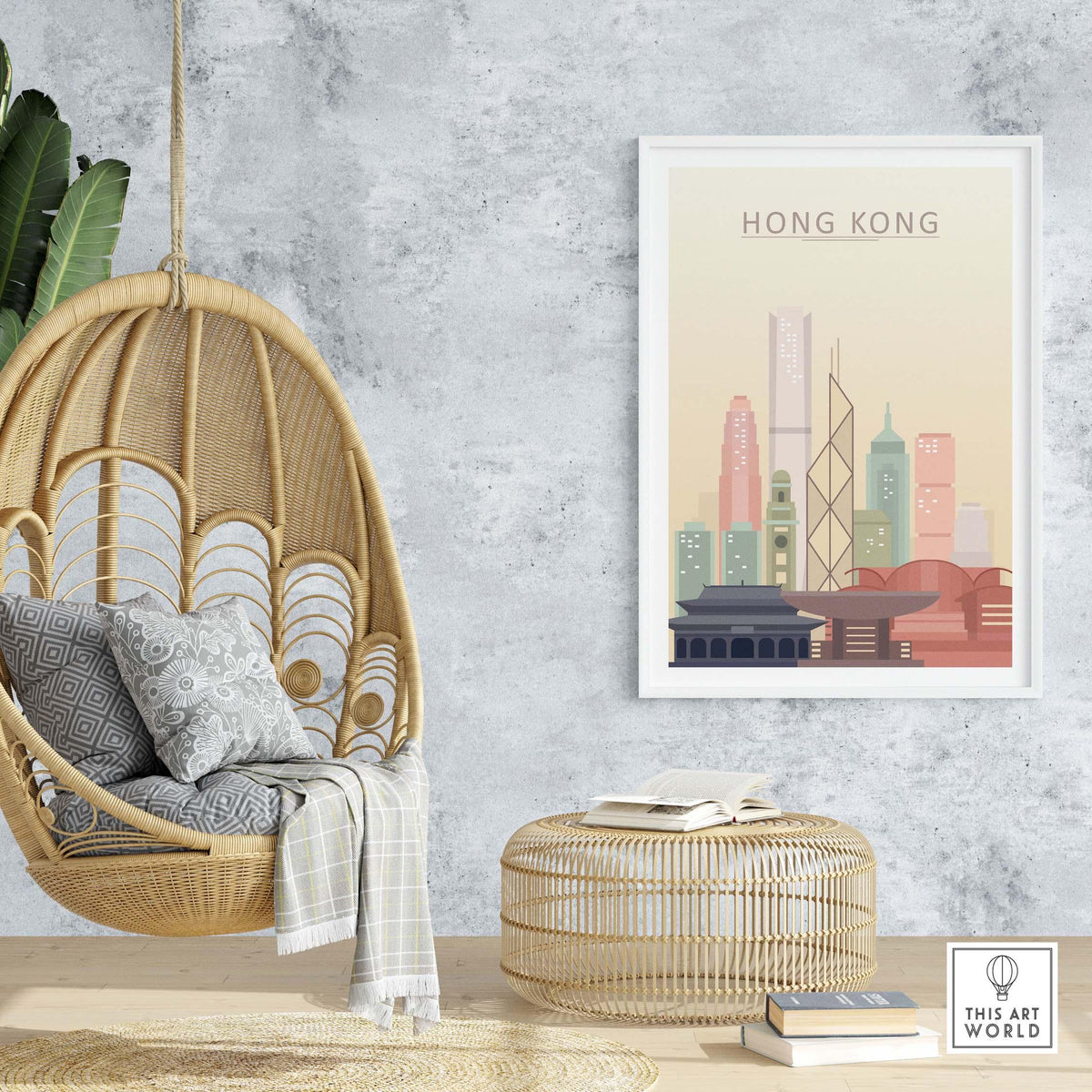 Hong Kong skyline wall art print displayed in a cozy interior with hanging chair and natural decor.